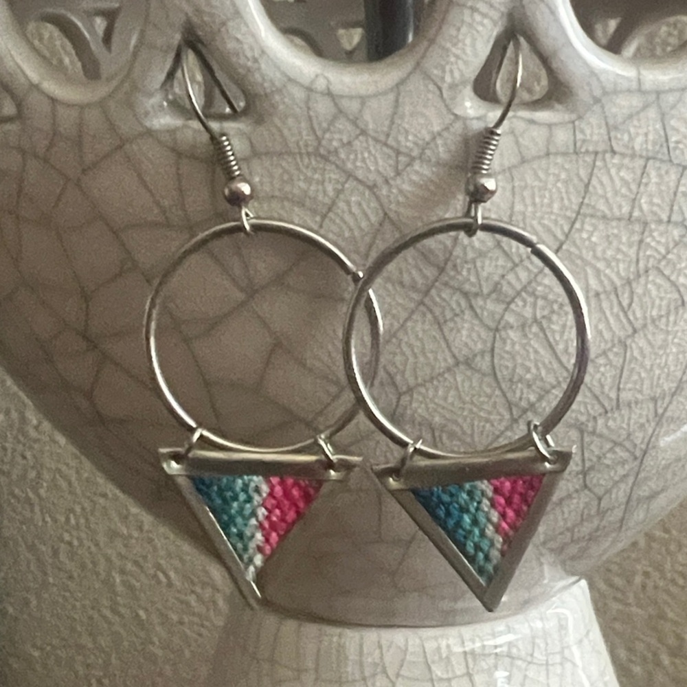 Colorful Triangle Silver Hoop Earrings